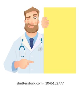 Doctor holding blank signboard. Winking doctor vector illustration. Set