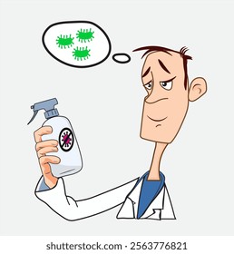 a doctor holding a bottle of antibacterial spray, on a white background. doctor icon vector illustration