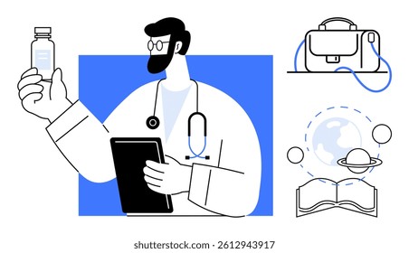 Doctor holding a bottle of medication and a digital tablet wearing a stethoscope. Nearby icons include a travel bag, an open book with planets, and global elements. Ideal for healthcare, education