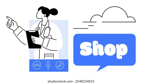 Doctor holding a clipboard, engaging in a virtual consultation. Phone, microphone icons seen. Speech bubble says Shop near a cloud. Ideal for medical services, online shopping, e-commerce