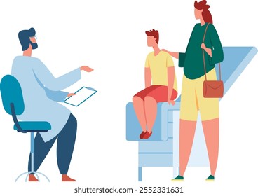 Doctor holding clipboard explaining diagnosis to worried mother comforting her son sitting on hospital bed, healthcare and medical treatment concept