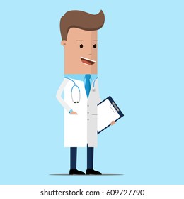 Doctor holding a clipboard. flat vector illustration