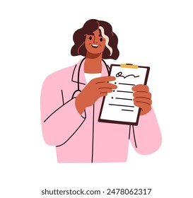 Doctor sosteniendo el Portapapeles con el documento médico. Médico hablando de prescripciones médicas. Médico general que consulta sobre la asistencia sanitaria. Ilustración vectorial plana aislada sobre fondo blanco