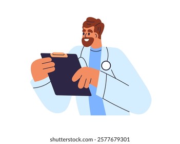 Doctor holding clipboard. Medical professional reviewing health documents. Happy friendly practitioner, GP. Physician, therapist consulting. Flat vector illustration isolated on white background