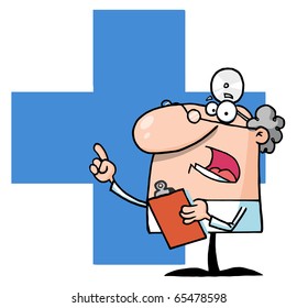 Doctor Holding A Clipboard Over A Blue Cross