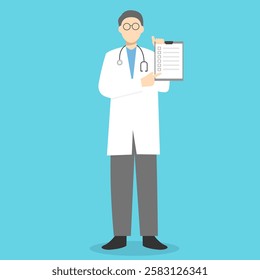 Doctor holding a clipboard and pointing at it. Medical health care concept background.