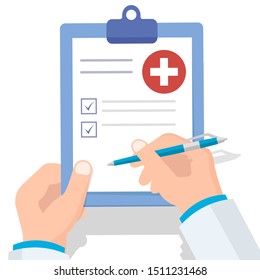 Doctor holding clipboard and takes notes on it. Medical report. Flat vector illustration.