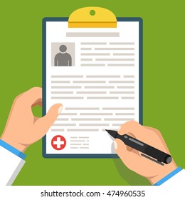 Doctor holding clipboard and takes notes on it. Medical report. Flat vector illustration.