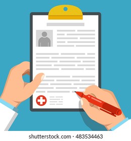 Doctor holding clipboard and takes notes on it. Medical report. Flat vector illustration.