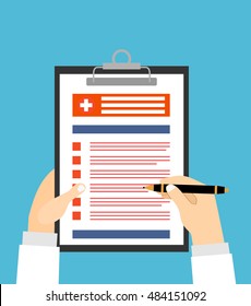 Doctor holding clipboard and takes notes on it. Medical report. Flat vector illustration