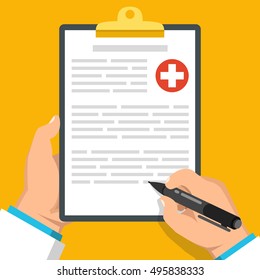 Doctor holding clipboard and takes notes on it. Medical report. Flat vector illustration.