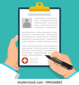 Doctor holding clipboard and takes notes on it. Medical report. Flat vector illustration.