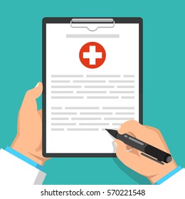 Doctor holding clipboard and takes notes on it. Medical report. Flat vector illustration.