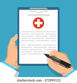 Doctor holding clipboard and takes notes on it. Medical report. Flat vector illustration.