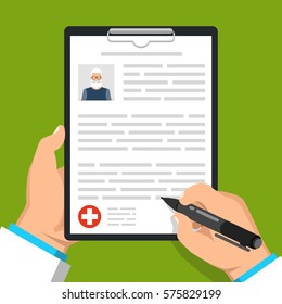 Doctor holding clipboard and takes notes on it. Man avatar on clipboard. Medical report. Flat vector illustration.