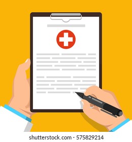 Doctor holding clipboard and takes notes on it. Medical report. Flat vector illustration.