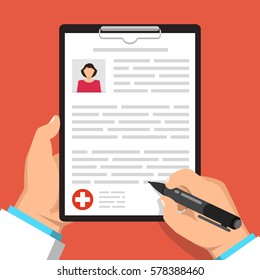 Doctor holding clipboard and takes notes on it. Woman avatar on clipboard. Medical report. Flat vector illustration.