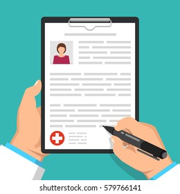 Doctor holding clipboard and takes notes on it. Woman avatar on clipboard. Medical report. Flat vector illustration.
