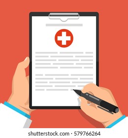 Doctor holding clipboard and takes notes on it. Medical report. Flat vector illustration.