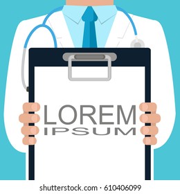 Doctor holding a clipboard. Vector illustration