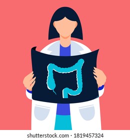 Doctor Holding Colon Xray Vector Illustration. Medical Checkup Banner In Flat Cartoon Style. Healthcare Background.