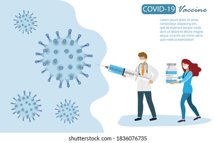Doctor Holding Covid-19 Vaccination Syringe And Vaccine Vial Fighting With Coronavirus. Idea For Medical Team Effort And World Hope For COVID-19 Vaccine To Save Mankind Lives.
