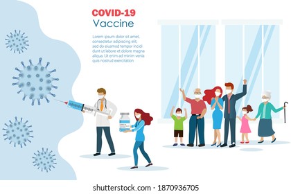 Doctor holding covid-19 vaccine fighting coronavirus protecting all aged family. Idea for medical team effort and world hope for COVID-19 vaccine to save mankind lives.