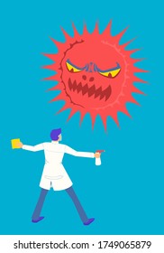 the doctor holding disinfectant spray and fabric wipe for fighting with coronavirus covid-19