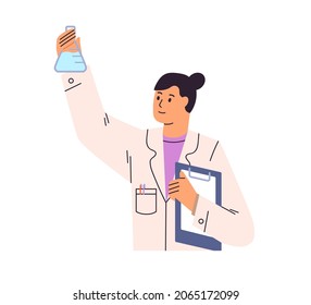 Doctor holding glass flask for lab research. Woman scientist studying chemistry. Medical science discoveries concept. Chemist work in laboratory. Flat vector illustration isolated on white background