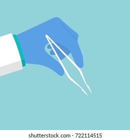 Doctor Holding In Hand Tweezers. Hands Of The Surgeon In Gloves. For Any Object. Medical Background. Vector Illustration Flat Design. Isolated On White Background.