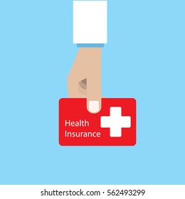 Doctor Holding Health Insurance Card. Vector Graphic Design.