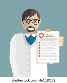 Doctor holding health insurance. Healthcare concept. Vector illustration flat design style