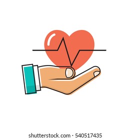 Doctor holding a heart in hand. Red heartbeat with life line. Cardiology concept. Health protection. Symbol healthcare. Vector illustration flat minimal design. Isolated on white background.