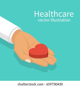 Doctor Holding A Heart In Hand. Red Heartbeat. Healthcare Concept. Vector Illustration Isometric Design. Isolated On Background. Give Life. Protection Of Health.