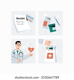 Doctor holding heart and medical prescription. Medical collage in flat vector illustration symbolizing healthcare, medication, and treatment, isolated on white background.