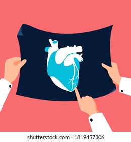 Doctor Holding Heart Xray Vector Illustration. Medical Checkup Banner In Flat Cartoon Style. Healthcare Background.