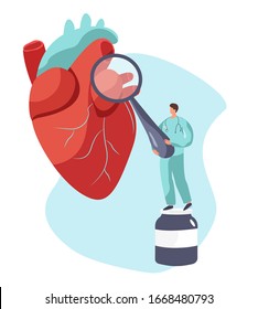 Doctor Holding Huge Magnifying Glass and Looking on Huge Heart. Male Nurse Listen Heart in the Hospital with Stethoscop. Clinic Medicine Profession. Flat Vector Illustration