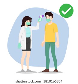The doctor holding infrared thermometer to checking body temperatures to prove that the patient were safe in the clinic. Social distancing to safe people from coronavirus, covid-19 prevention.