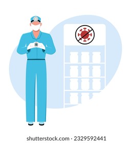Doctor holding jar with vaccine. Boosting immune system health. Flu, influenza or coronavirus vaccination. Concept of protection from pandemic. Vector flat illustration in blue colors
