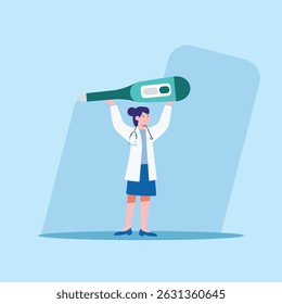 A doctor is holding a large thermometer above her head on a blue background, which could be used to illustrate health or medical concepts.