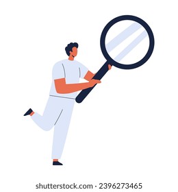 Doctor holding magnifying glass. Medical research and diagnostic. Medicine and healthcare. Vector illustration in cartoon style. Isolated on white background.