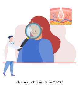 A doctor holding magnifying glass zoom at patient face with dermatology anatomy , dermatologist doctor concept 