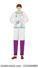 Doctor Holding Medical Anamnesis Semi Flat Color Vector Character. Standing Figure. Full Body Person On White. Physician Simple Cartoon Style Illustration For Web Graphic Design And Animation