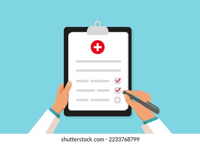 Doctor holding medical clipboard and takes notes on it. Medical report. Medical form list with results data and approved check mark. Vector illustration