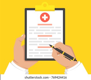 Doctor holding medical clipboard and takes notes on it. Medical report. Vector illustration.