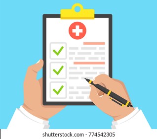 Doctor holding medical clipboard and takes notes on it. Medical report. Vector illustration.