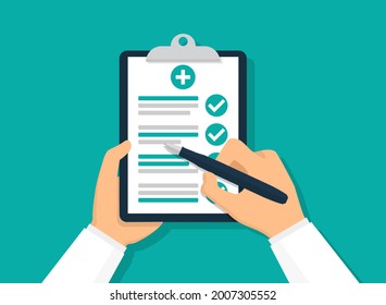 Doctor Holding Medical Report. Flat Vector Illustration. Clipboard With Checklist