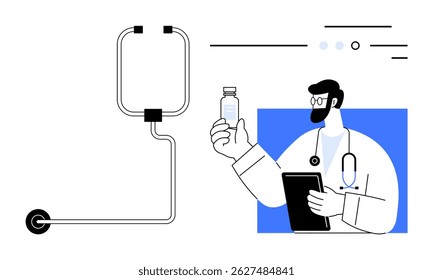 Médico segurando frasco e prancheta com estetoscópio. Ideal para cuidados de saúde, prática médica, consulta, telemedicina, consciência da saúde, educação médica, contextos farmacêuticos. Linha