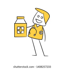 doctor holding medicine bottle icon in yellow stick figure theme