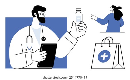 Doctor holding medicine bottle, using tablet, and medical bag. Ideal for healthcare, medical consultation, e-prescriptions, pharmaceuticals, and telemedicine. Simplistic modern style